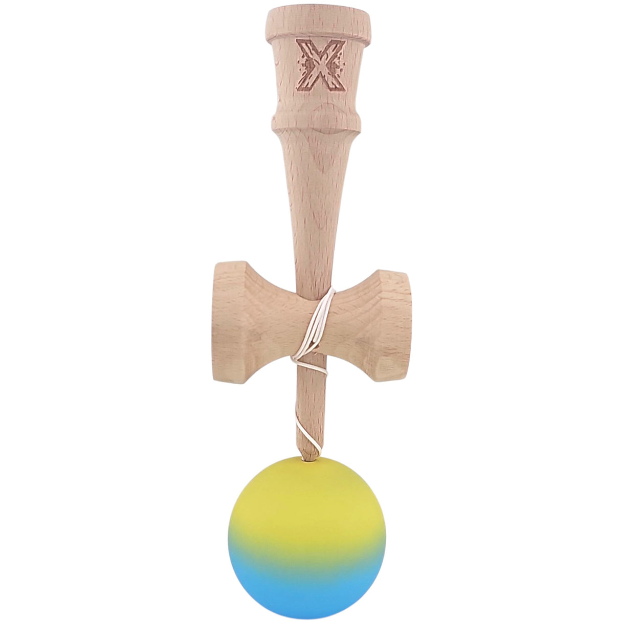 Kendama X Originala, Profesionala, Flippy, 18 cm, Profesionala, +9 Ani, din Lemn, Gradient Galben/Albastru - vivimall.ro