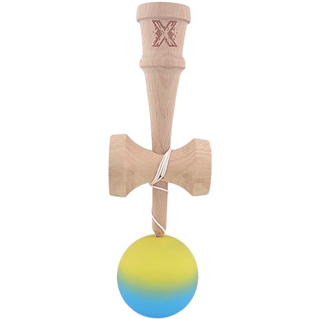 Kendama X Originala, Profesionala, Flippy, 18 cm, Profesionala, +9 Ani, din Lemn, Gradient Galben/Albastru - vivimall.ro