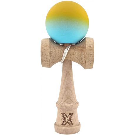 Kendama X Originala, Profesionala, Flippy, din Lemn, Rubber Grip, 18 cm, Galben/Albastru - vivimall.ro