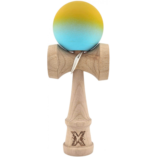 Kendama X Originala, Profesionala, Flippy, din Lemn, Rubber Grip, 18 cm, Galben/Albastru - vivimall.ro