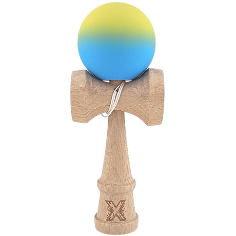 Kendama X Originala, Profesionala, Flippy, 18 cm, Profesionala, +9 Ani, din Lemn, Gradient Galben/Albastru - vivimall.ro