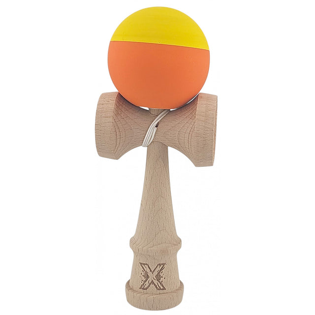 Kendama X Originala, Profesionala, Vivimall, din Lemn, Rubber Grip, 18 cm, Galben/Portocaliu - vivimall.ro