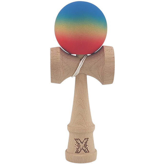 Kendama X Originala, Profesionala, Vivimall, din Lemn, Rubber Grip, 18 cm, Gradient Albastru/Galben/Rosu - vivimall.ro