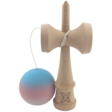 Kendama X Originala, Profesionala, Vivimall, din Lemn, Rubber Grip, 18 cm, Gradient Albastru/Roz/Alb - vivimall.ro