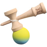 Kendama X Originala, Profesionala, Vivimall, din Lemn, Rubber Grip, 18 cm, Gradient Galben/Albastru/Verde - vivimall.ro