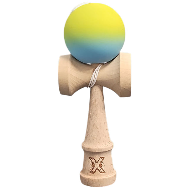Kendama X Originala, Profesionala, Vivimall, din Lemn, Rubber Grip, 18 cm, Gradient Galben/Albastru/Verde - vivimall.ro