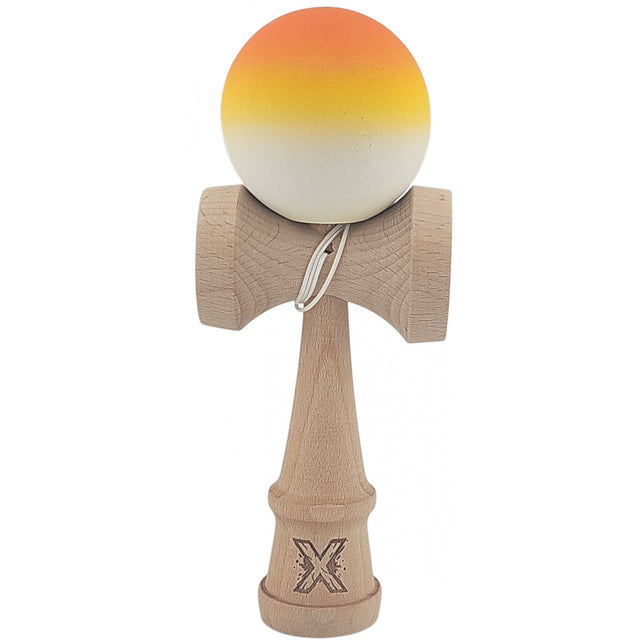 Kendama X Originala, Profesionala, Vivimall, din Lemn, Rubber Grip, 18 cm, Gradient Rosu Galben Alb - vivimall.ro