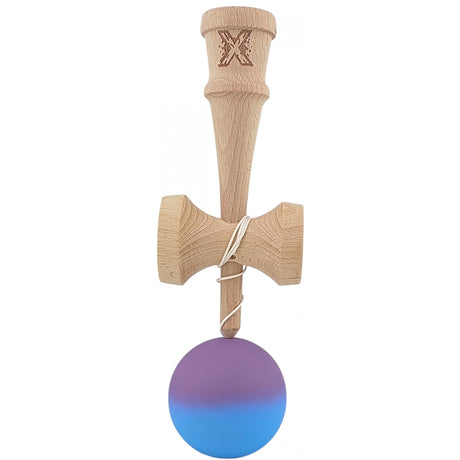 Kendama X Originala, Profesionala, Flippy, din Lemn, Rubber Grip, 18 cm, Gradient Violet/Albastru - vivimall.ro