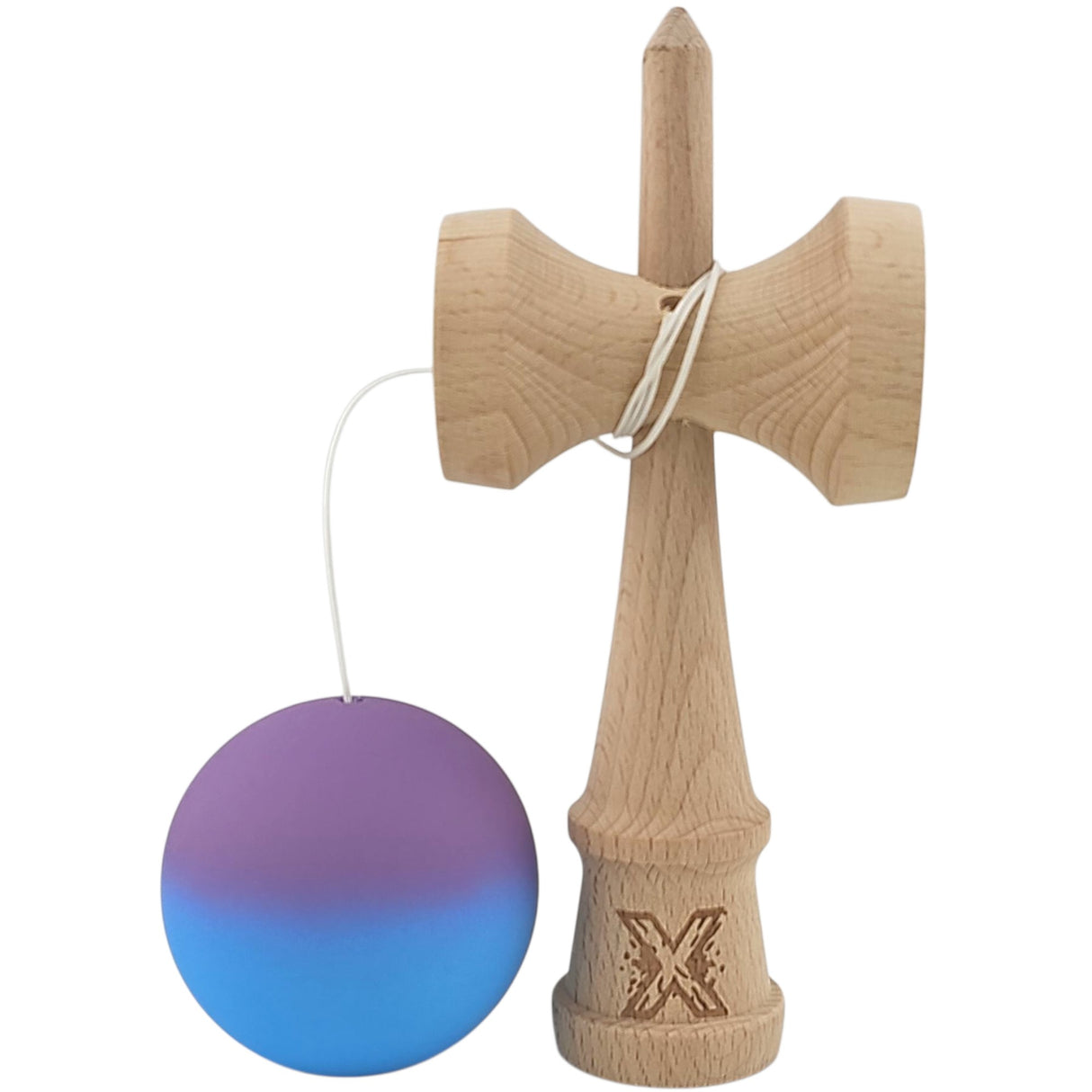 Kendama X Originala, Profesionala, Flippy, din Lemn, Rubber Grip, 18 cm, Gradient Violet/Albastru - vivimall.ro