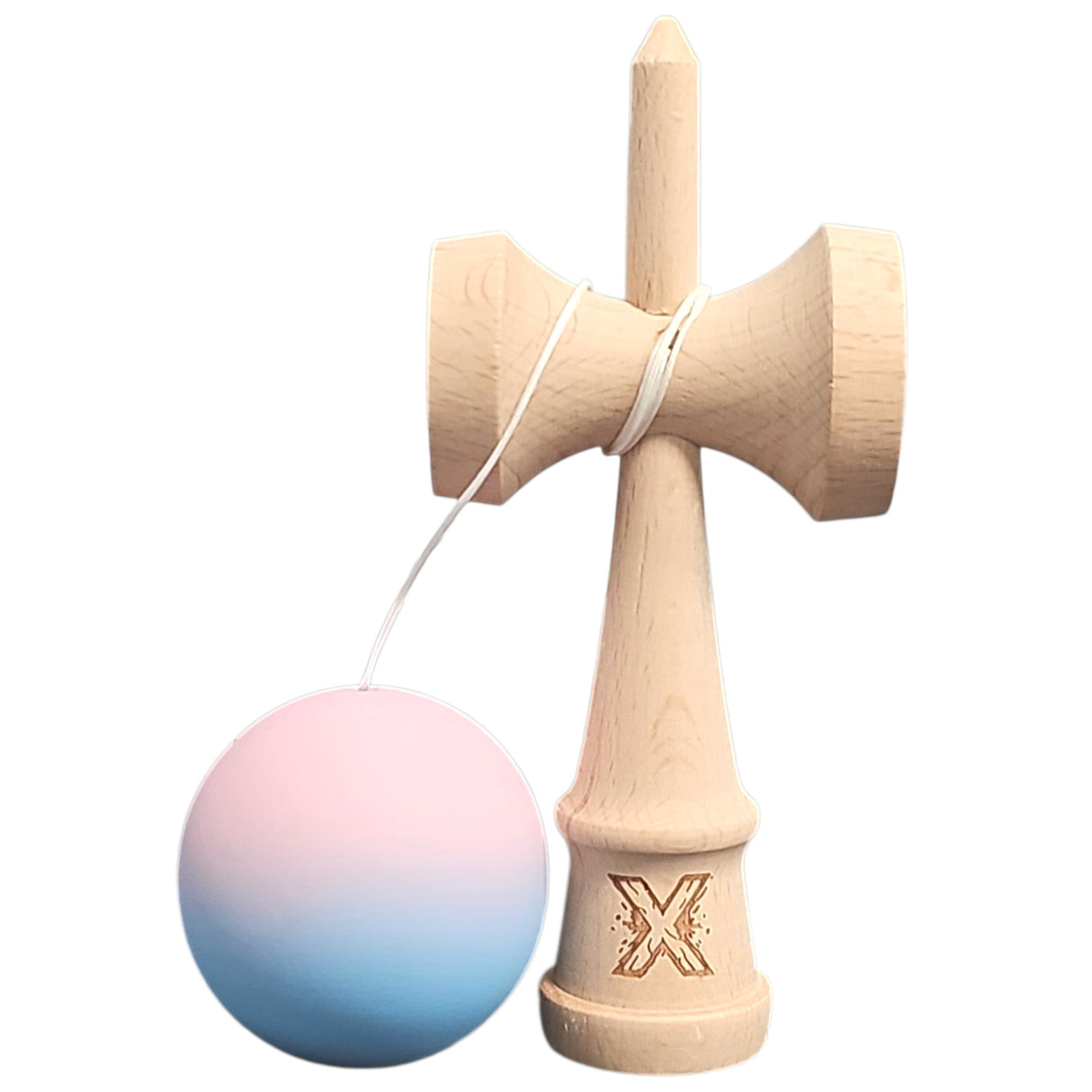 Kendama X Originala, Profesionala din Lemn, Rubber Grip, 18 cm, Lila/Turcoaz - vivimall.ro