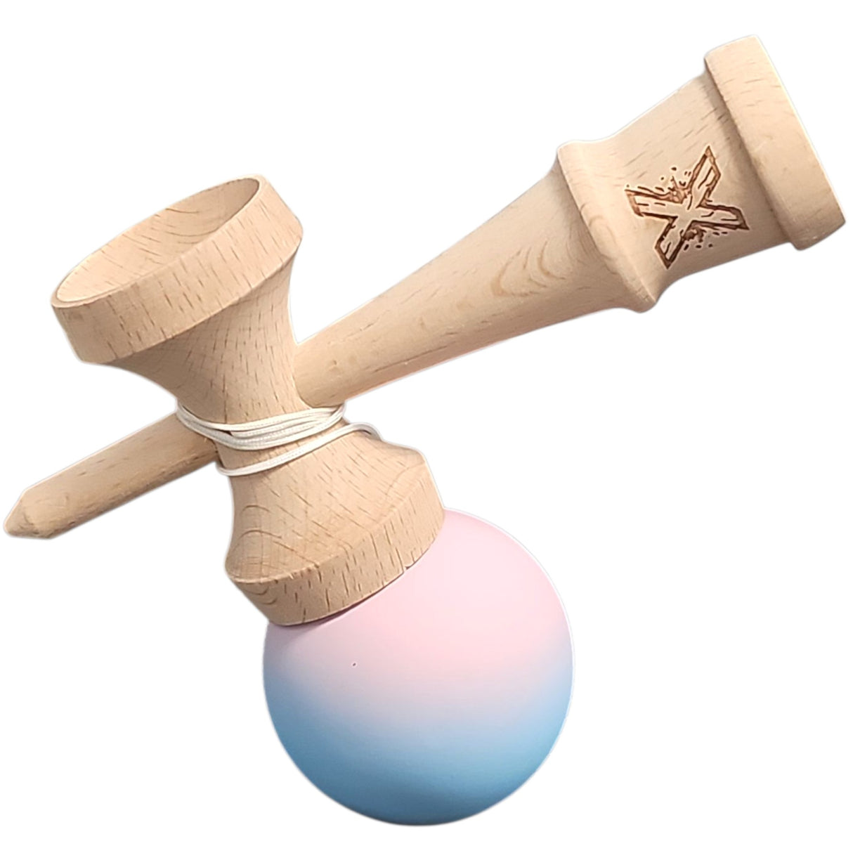 Kendama X Originala, Profesionala, Vivimall, din Lemn, Rubber Grip, 18 cm, Lila/Turcoaz - vivimall.ro