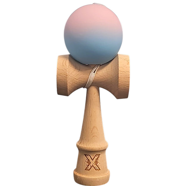 Kendama X Originala, Profesionala, Vivimall, din Lemn, Rubber Grip, 18 cm, Lila/Turcoaz - vivimall.ro