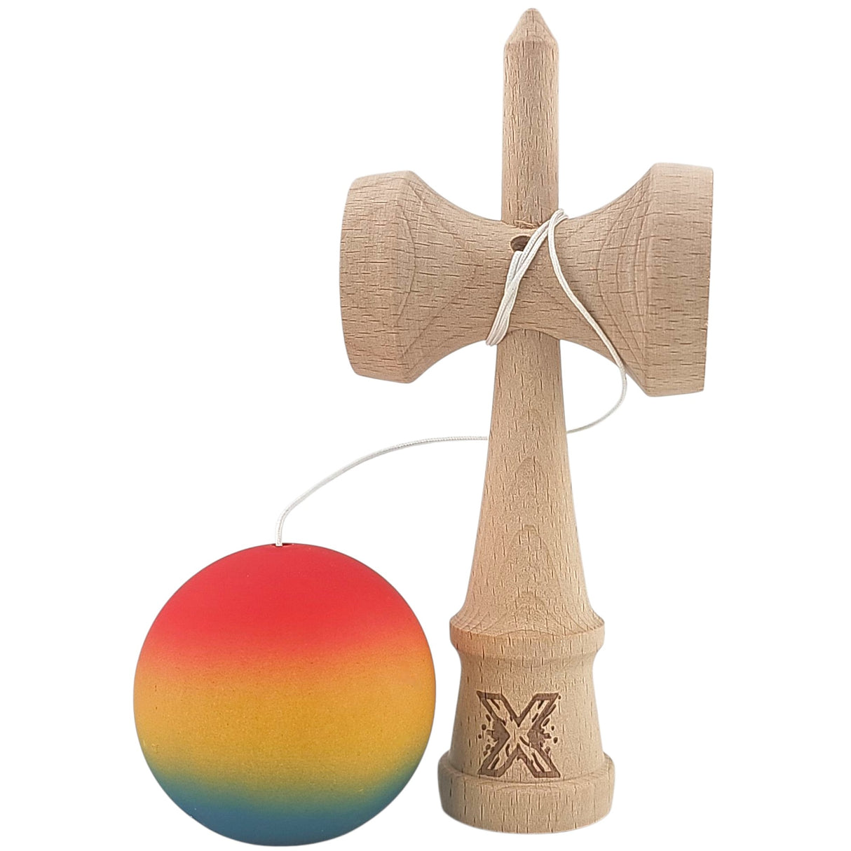 Kendama X Originala, Profesionala, Flippy, din Lemn, Rubber Grip, 18 cm,Rosu/Galben/Albastru - vivimall.ro