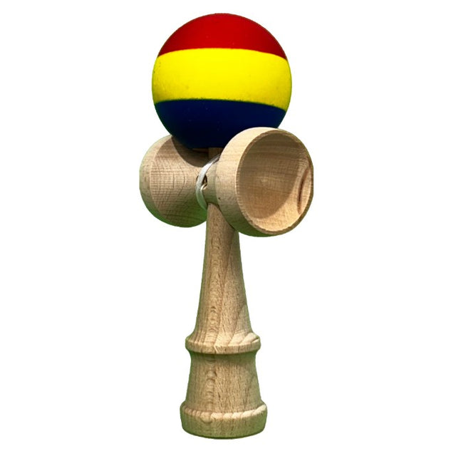 Kendama X Originala, Profesionala, Vivimall, din Lemn, Rubber Grip, 18 cm, Rosu/Galben/Albastru - vivimall.ro