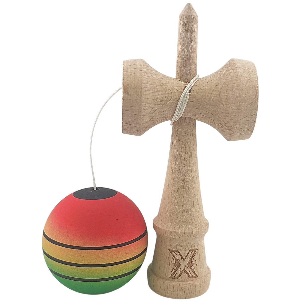 Оригинална играчка Kendama X, професионална дървена, гумена дръжка, 18 см, червена/жълта/зелена