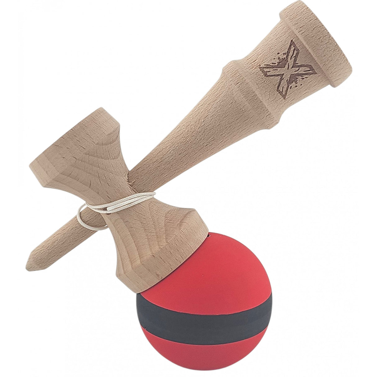 Kendama X Originala, Profesionala, Vivimall, din Lemn, Rubber Grip, 18 cm, Rosu/Negru - vivimall.ro