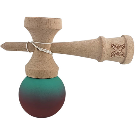 Kendama X Originala, Profesionala, Flippy, din Lemn, Rubber Grip, 18 cm, Rosu/Verde - vivimall.ro