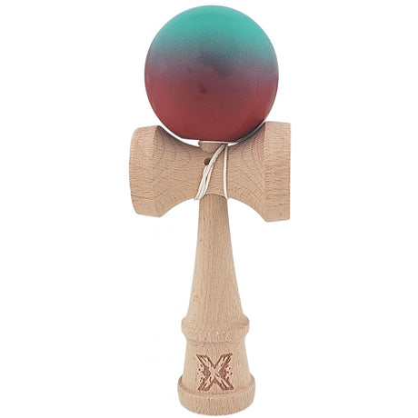 Kendama X Originala, Profesionala, Flippy, din Lemn, Rubber Grip, 18 cm, Rosu/Verde - vivimall.ro