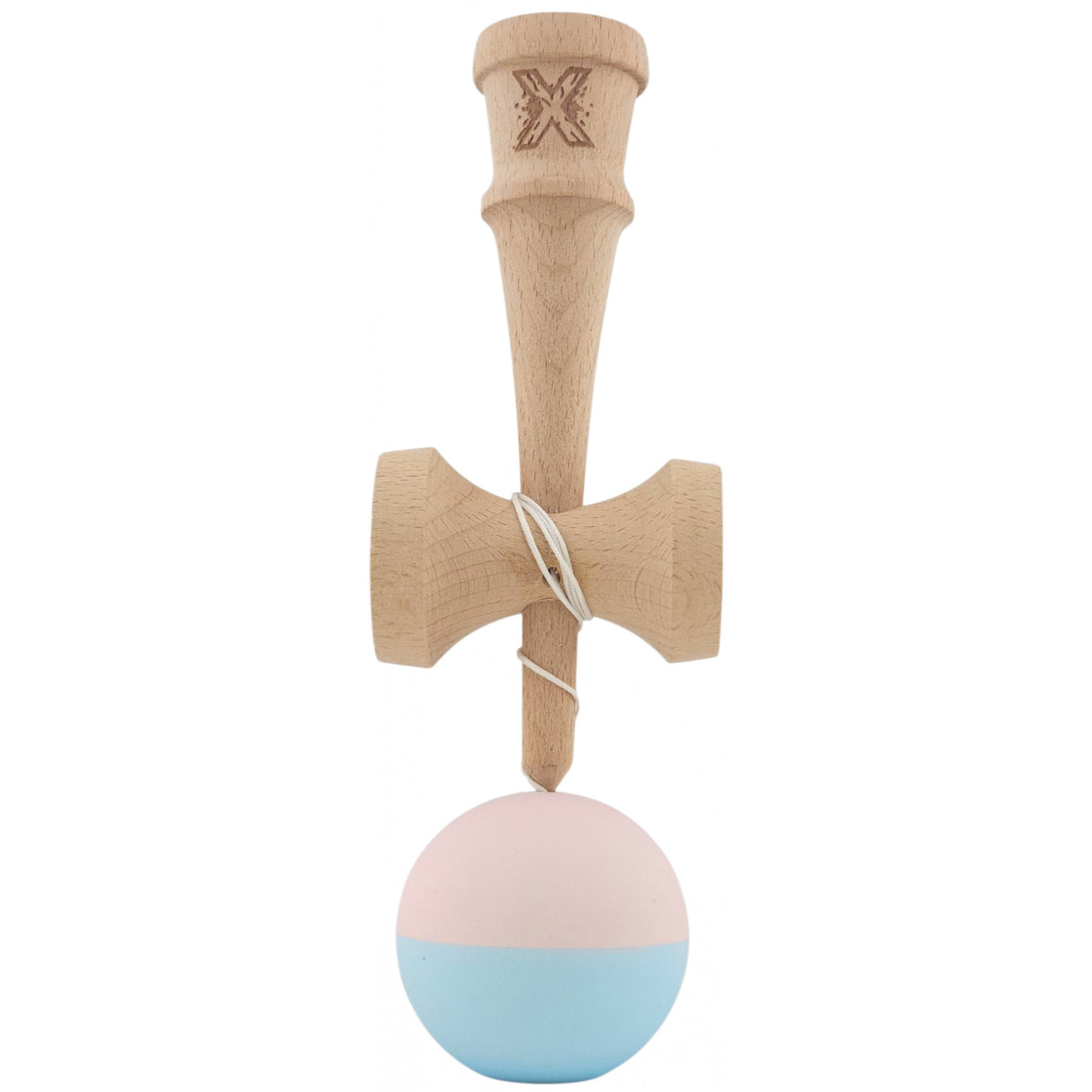 Kendama X Originala, Profesionala,  Flippy, din lemn, Rubber Grip, 18 cm, Roz/Albastru - vivimall.ro