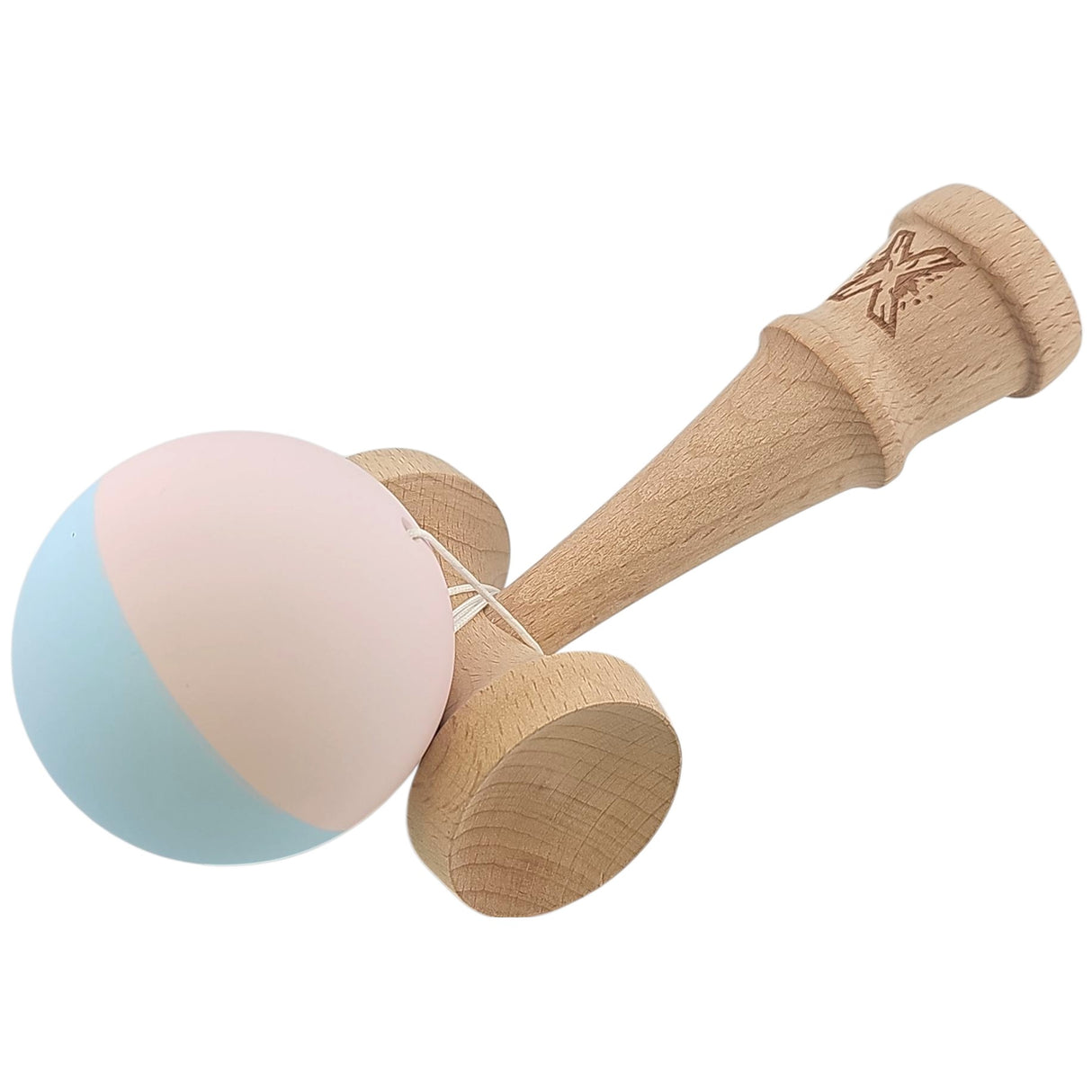 Kendama X Originala, Profesionala,  Flippy, din lemn, Rubber Grip, 18 cm, Roz/Albastru - vivimall.ro