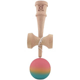 Kendama X Originala, Profesionala, Flippy, din Lemn, Rubber Grip, 18 cm, Roz/Galben/Albastru - vivimall.ro