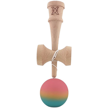 Kendama X Originala, Profesionala, Flippy, din Lemn, Rubber Grip, 18 cm, Roz/Galben/Albastru - vivimall.ro