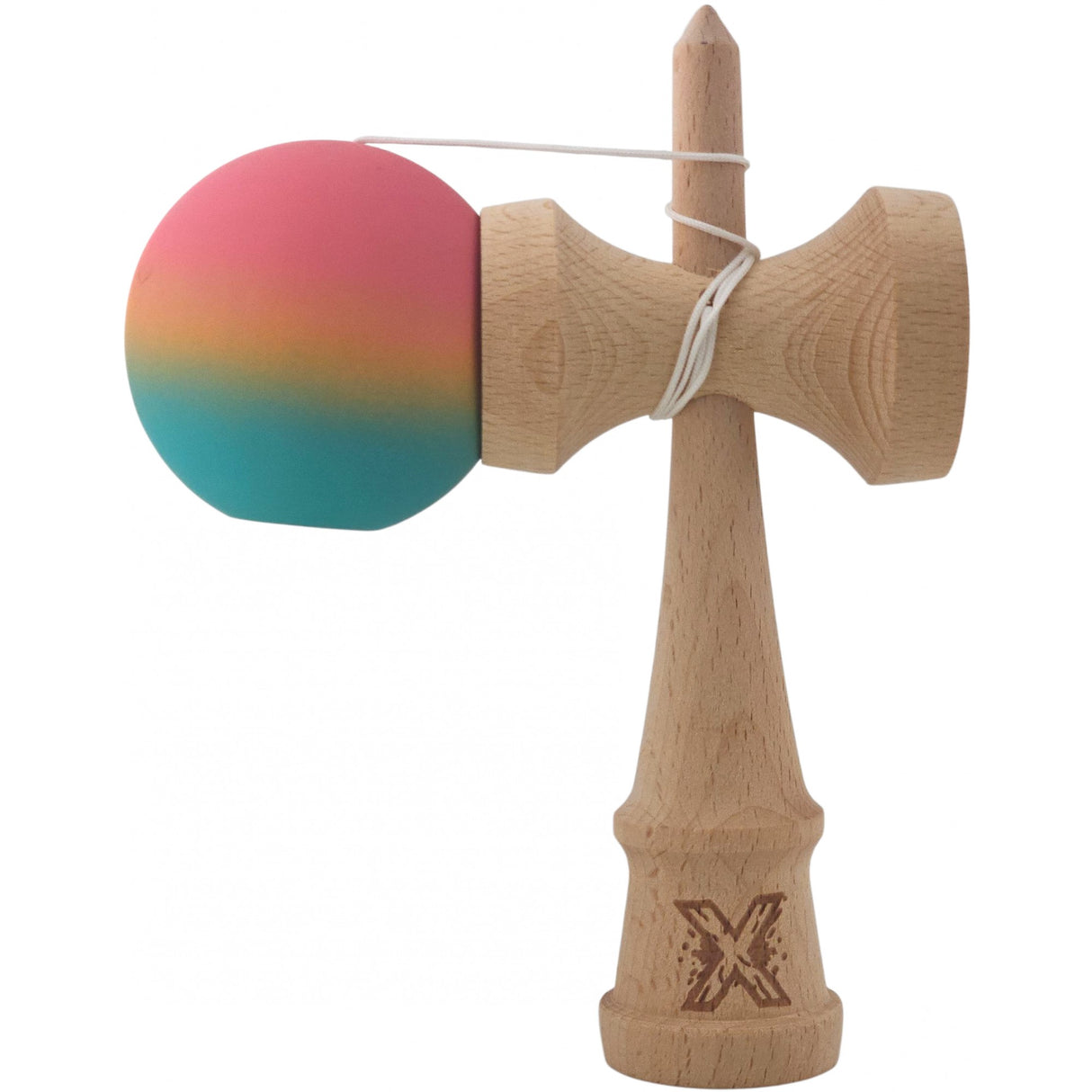 Kendama X Originala, Profesionala, Vivimall, din Lemn, Rubber Grip, 18 cm, Roz/Galben/Albastru - vivimall.ro