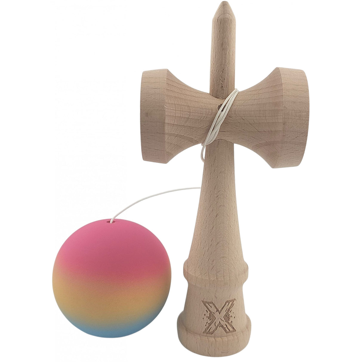 Kendama X Originala, Profesionala, Vivimall, din Lemn, Rubber Grip, 18 cm, Roz/Galben/Albastru - vivimall.ro