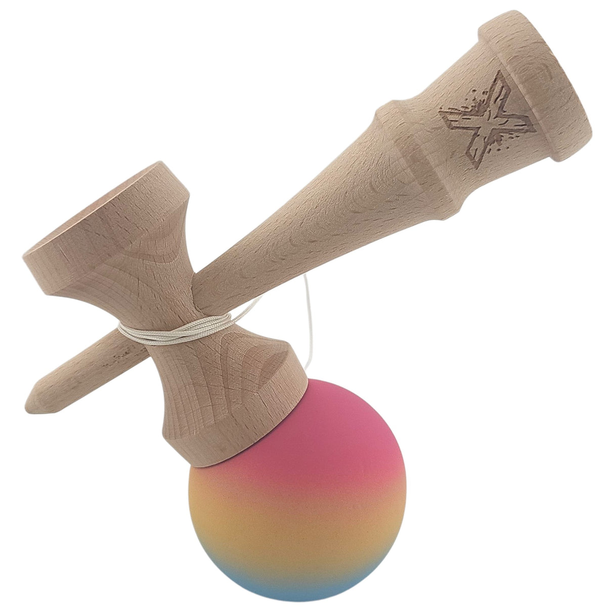 Kendama X Originala, Profesionala, Vivimall, din Lemn, Rubber Grip, 18 cm, Roz/Galben/Albastru - vivimall.ro