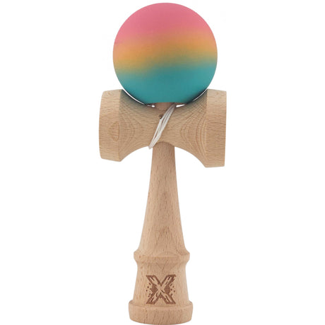 Kendama X Originala, Profesionala, Flippy, din Lemn, Rubber Grip, 18 cm, Roz/Galben/Albastru - vivimall.ro