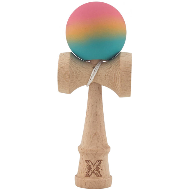 Kendama X Originala, Profesionala, Flippy, din Lemn, Rubber Grip, 18 cm, Roz/Galben/Albastru - vivimall.ro