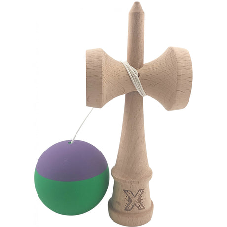 Kendama X Originala, Profesionala, Vivimall, din Lemn, Rubber Grip, 18 cm, Verde/Mov - vivimall.ro