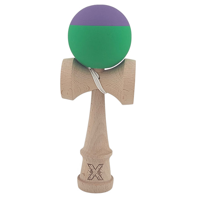Kendama X Originala, Profesionala, Vivimall, din Lemn, Rubber Grip, 18 cm, Verde/Mov - vivimall.ro
