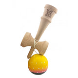 Kendama X Originala, Profesionala, Flippy, din Lemn, Super Sticky, 18 cm, Galben/Roz/Negru - vivimall.ro