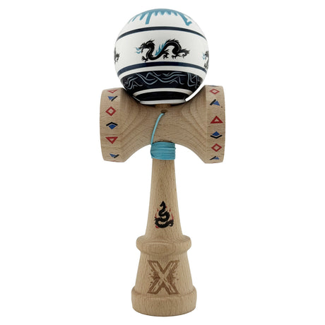 Kendama X Originala, Profesionala, Vivimall, DRAGON Series, Super Sticky cu Cupe Mari King Size V3, Rulment Metalic si Gaura in Baza, din Lemn 18 cm, Ata 55 cm, Albastru/Negru - vivimall.ro