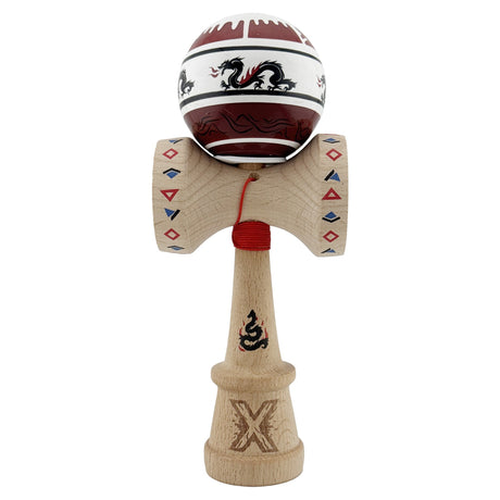 Kendama X Originala, Profesionala, Vivimall, DRAGON Series, Super Sticky cu Cupe Mari King Size V3, Rulment Metalic si Gaura in Baza, din Lemn 18 cm, Ata 55 cm, Alb/Rosu inchis - vivimall.ro