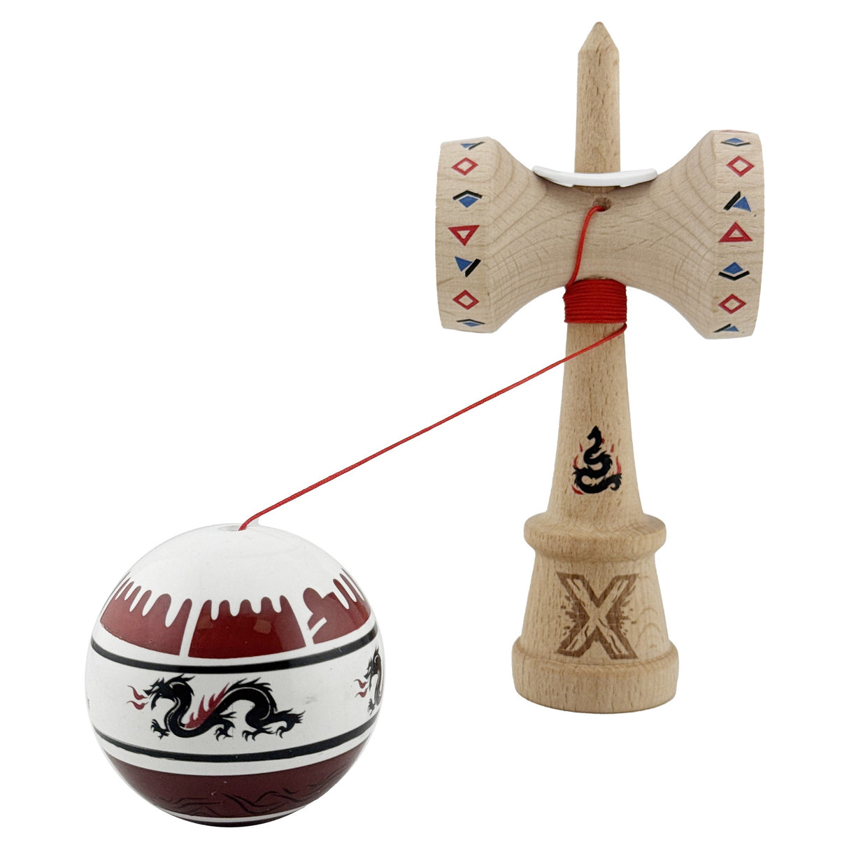 Kendama X Originala, Profesionala, Vivimall, DRAGON Series, Super Sticky cu Cupe Mari King Size V3, Rulment Metalic si Gaura in Baza, din Lemn 18 cm, Ata 55 cm, Alb/Rosu inchis - vivimall.ro