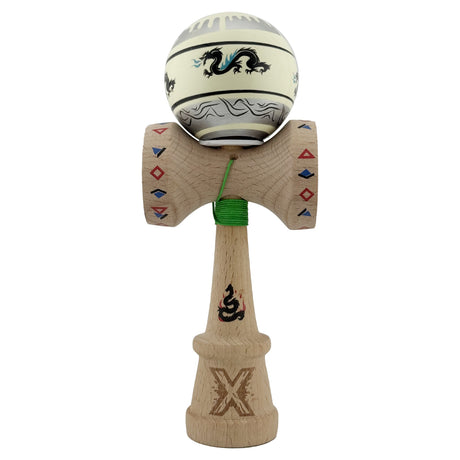 Kendama X Originala, Profesionala, Vivimall, DRAGON Series, Super Sticky cu Cupe Mari King Size V3, Rulment Metalic si Gaura in Baza, din Lemn 18 cm, Ata 55 cm, Gri/Verde deschis - vivimall.ro