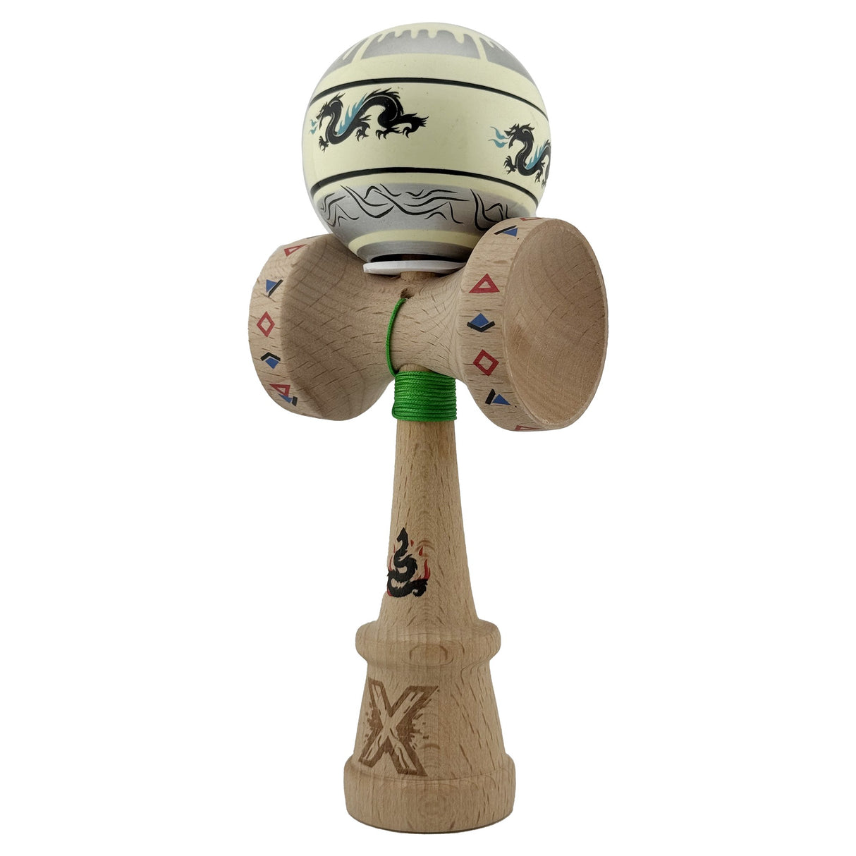 Kendama X Originala, Profesionala, Vivimall, DRAGON Series, Super Sticky cu Cupe Mari King Size V3, Rulment Metalic si Gaura in Baza, din Lemn 18 cm, Ata 55 cm, Gri/Verde deschis - vivimall.ro