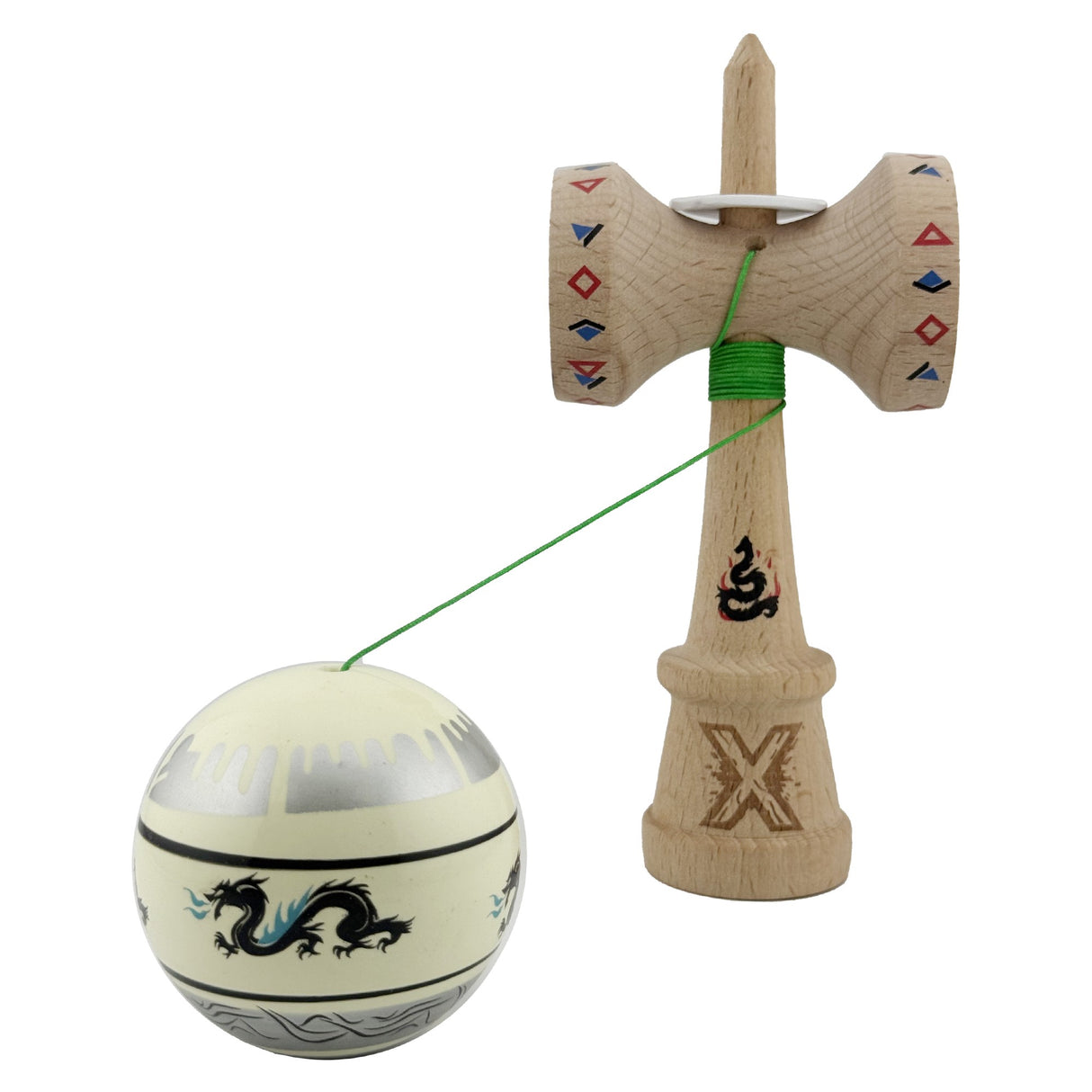 Kendama X Originala, Profesionala, Vivimall, DRAGON Series, Super Sticky cu Cupe Mari King Size V3, Rulment Metalic si Gaura in Baza, din Lemn 18 cm, Ata 55 cm, Gri/Verde deschis - vivimall.ro