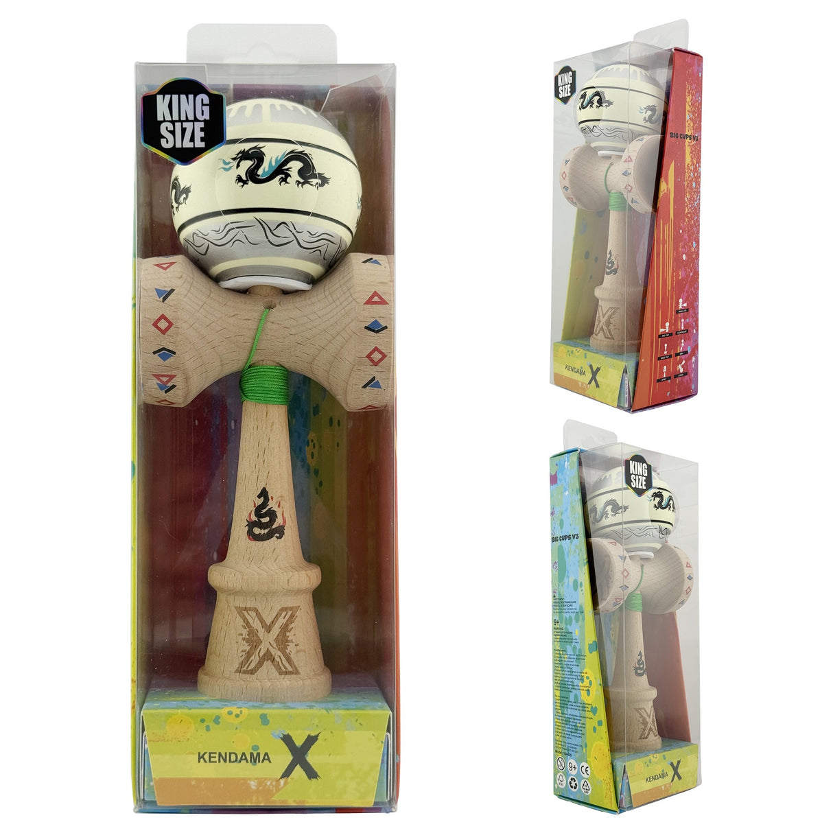 Kendama X Originala, Profesionala, Vivimall, DRAGON Series, Super Sticky cu Cupe Mari King Size V3, Rulment Metalic si Gaura in Baza, din Lemn 18 cm, Ata 55 cm, Gri/Verde deschis - vivimall.ro