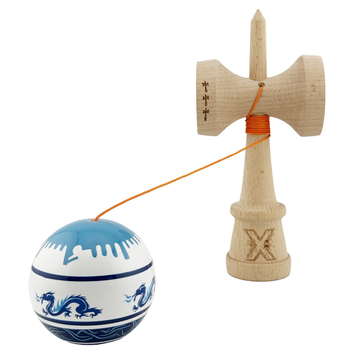 Kendama X Originala, Profesionala, Flippy, DRAGON Series, Super Sticky cu Cupe Mari King Size V3, Rulment Metalic si Gaura in Baza, din Lemn 18 cm, Ata 62/65 cm, Alb/Albastru inchis - vivimall.ro