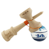 Kendama X Originala, Profesionala, Flippy, DRAGON Series, Super Sticky cu Cupe Mari King Size V3, Rulment Metalic si Gaura in Baza, din Lemn 18 cm, Ata 62/65 cm, Alb/Albastru inchis - vivimall.ro