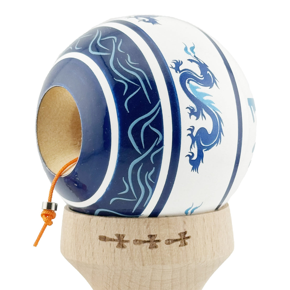 Kendama X Originala, Profesionala, Flippy, DRAGON Series, Super Sticky cu Cupe Mari King Size V3, Rulment Metalic si Gaura in Baza, din Lemn 18 cm, Ata 62/65 cm, Alb/Albastru inchis - vivimall.ro