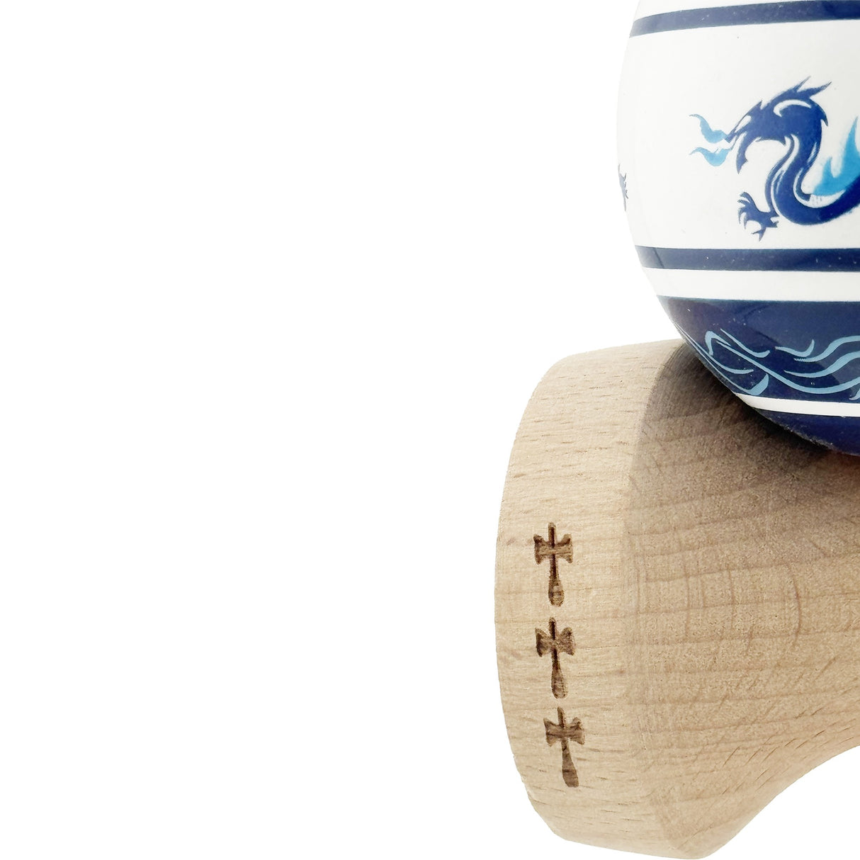 Kendama X Originala, Profesionala, Flippy, DRAGON Series, Super Sticky cu Cupe Mari King Size V3, Rulment Metalic si Gaura in Baza, din Lemn 18 cm, Ata 62/65 cm, Alb/Albastru inchis - vivimall.ro