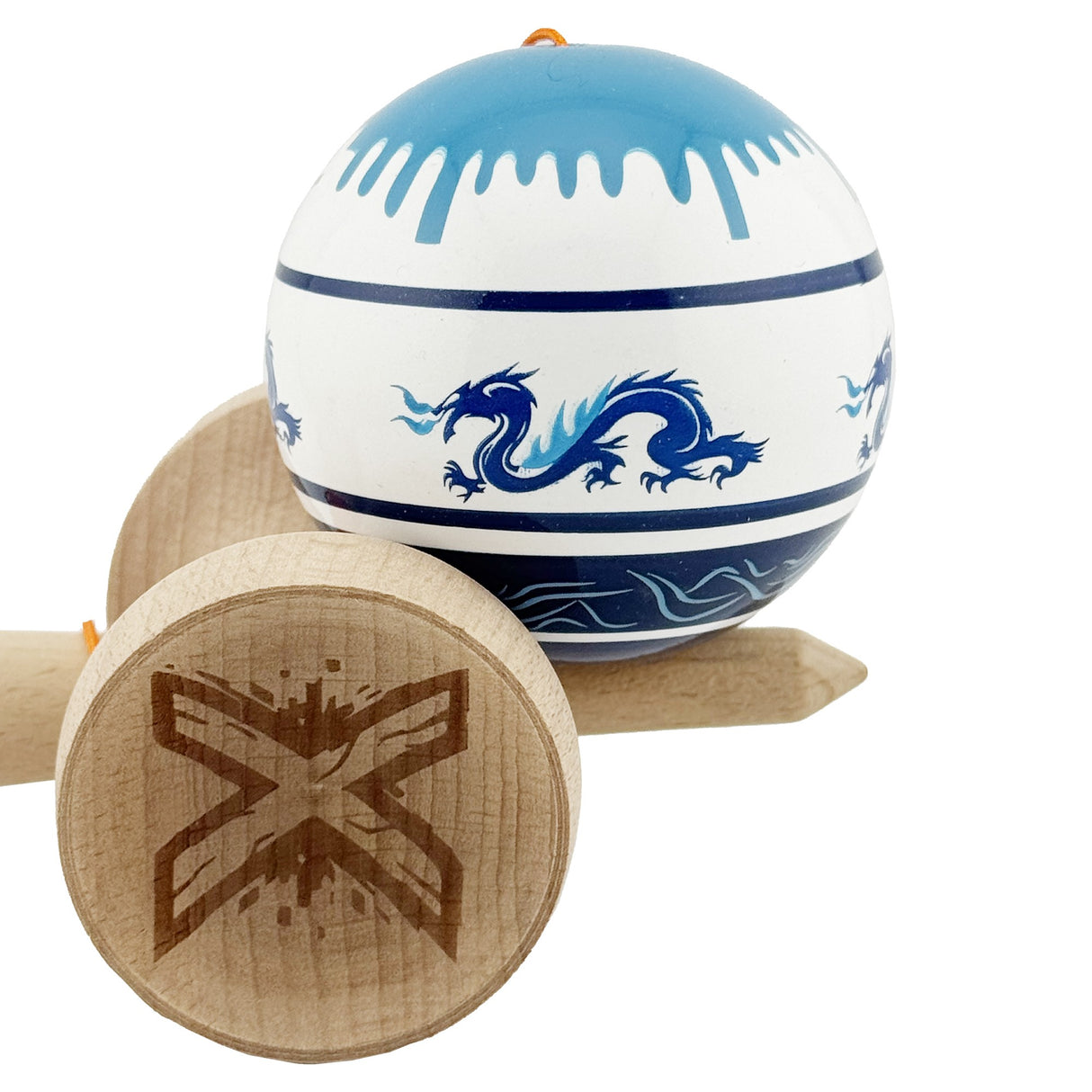 Kendama X Originala, Profesionala, Flippy, DRAGON Series, Super Sticky cu Cupe Mari King Size V3, Rulment Metalic si Gaura in Baza, din Lemn 18 cm, Ata 62/65 cm, Alb/Albastru inchis - vivimall.ro