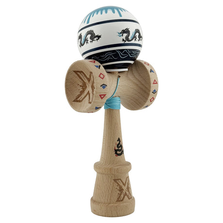 Kendama X Originala, Profesionala, Vivimall, DRAGON Series, Super Sticky cu Cupe Mari King Size V3, Rulment Metalic si Gaura in Baza, din Lemn 18 cm, Ata 55 cm, Albastru/Negru - vivimall.ro