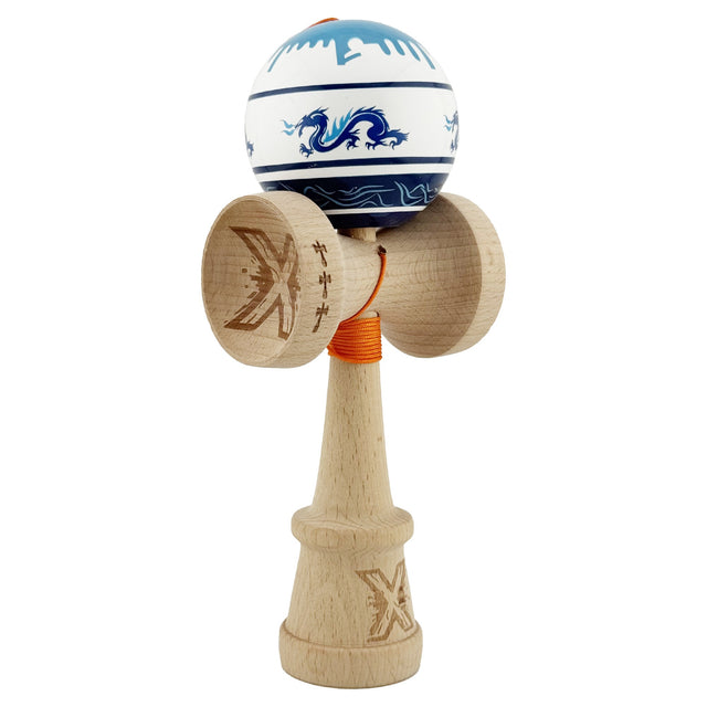 Kendama X Originala, Profesionala, Flippy, DRAGON Series, Super Sticky cu Cupe Mari King Size V3, Rulment Metalic si Gaura in Baza, din Lemn 18 cm, Ata 62/65 cm, Alb/Albastru inchis - vivimall.ro