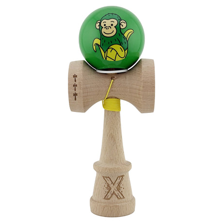 Kendama X Originala, Profesionala, Vivimall, Green Monkey, Super Sticky cu Cupe Mari King Size V3, Rulment Metalic si Gaura in Baza, din Lemn 18 cm, Ata 55 cm, Verde - vivimall.ro