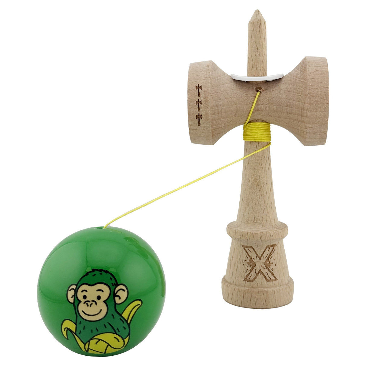 Kendama X Originala, Profesionala, Vivimall, Green Monkey, Super Sticky cu Cupe Mari King Size V3, Rulment Metalic si Gaura in Baza, din Lemn 18 cm, Ata 55 cm, Verde - vivimall.ro